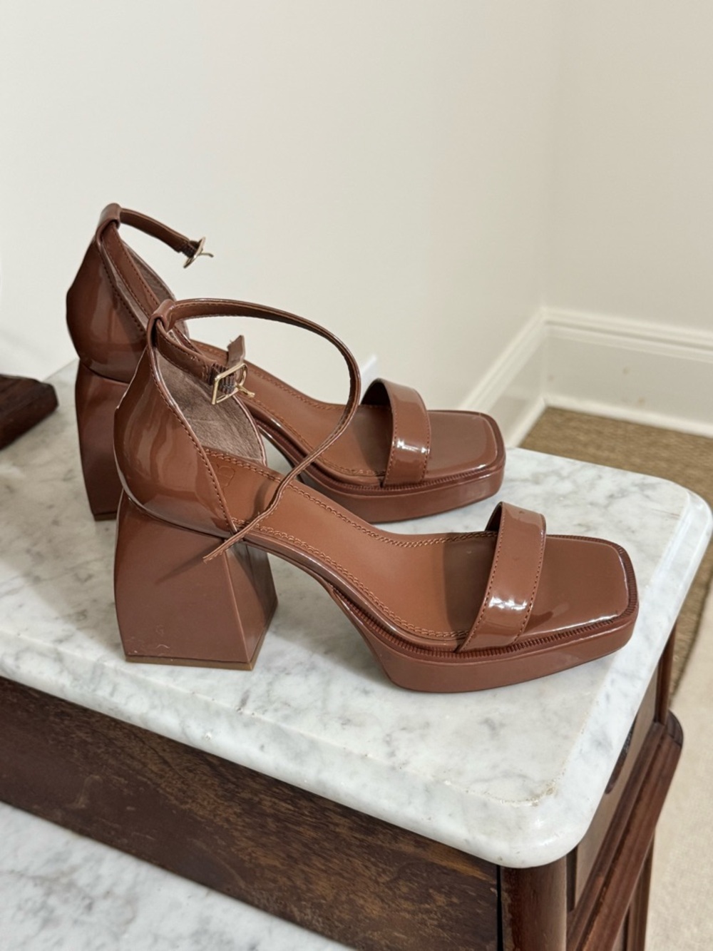 Patent Brown Block Heel Sandals with Ankle Strap